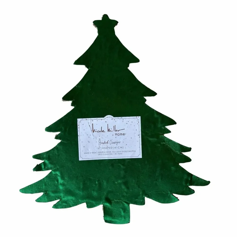 2pc Nicole Miller Beaded Christmas Tree Placemats Green Gold Holiday Glam NEW